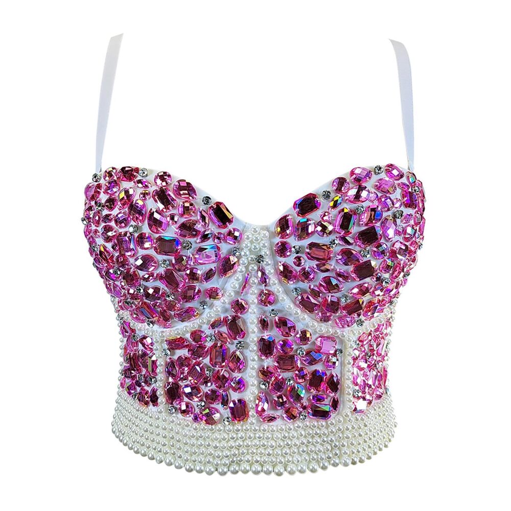 9815 Rhinestone Bead Bustier Crop Top Club Party Glitter Corset Top Bra